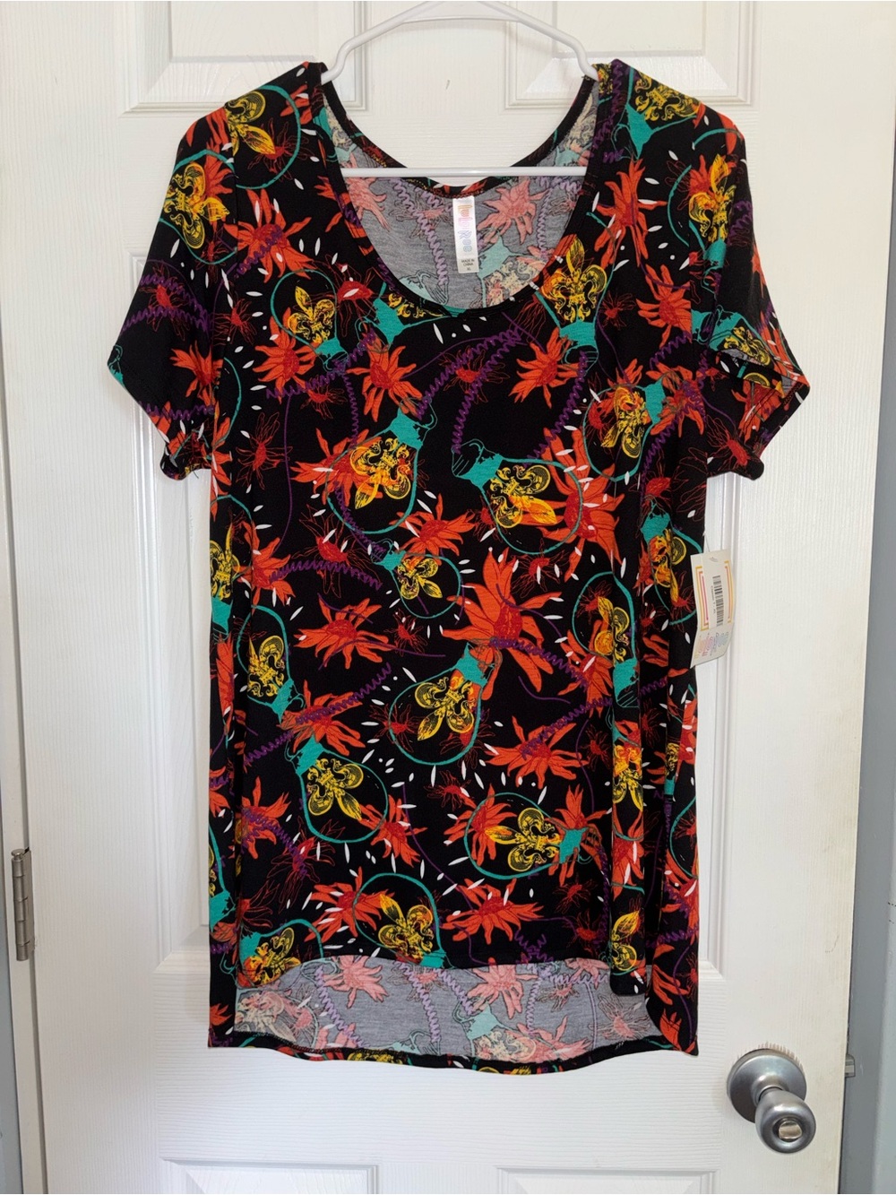 LuLaRoe Black Short-Sleeve Scoop Neck Top with Red, Yellow & Teal Floral Print